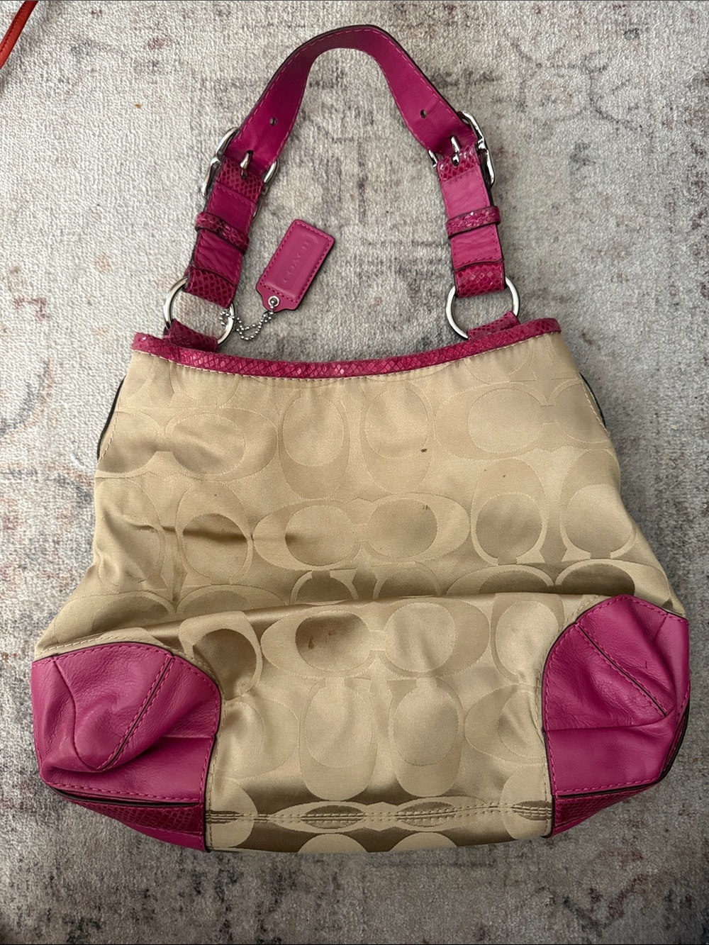 Coach Beige Signature Canvas Hobo with Pink Trim - Picture 2 of 4